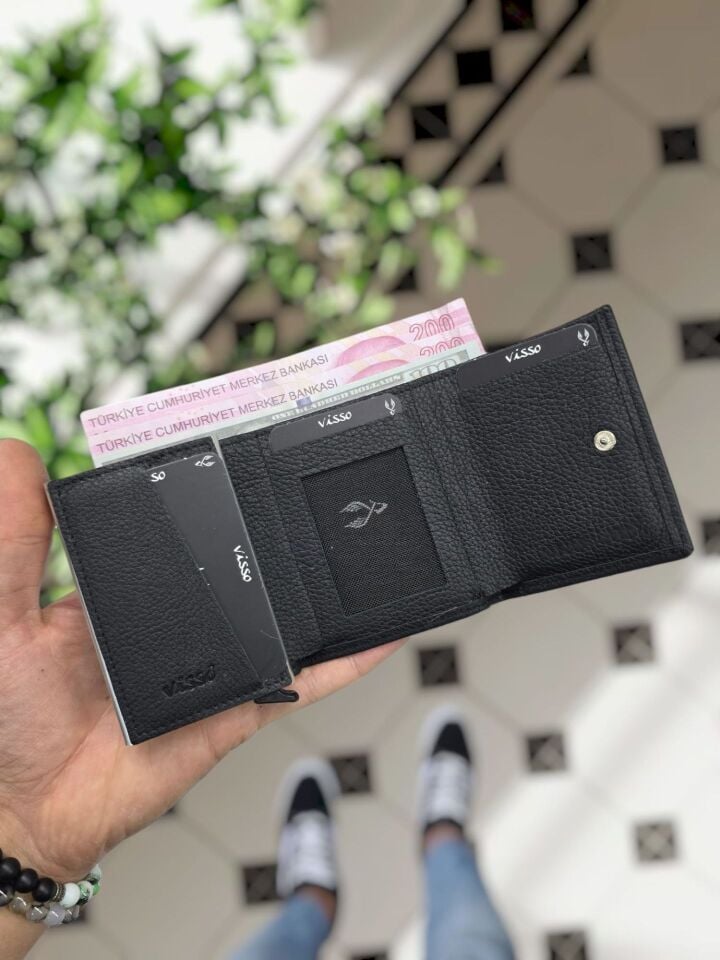 VİSSO 684 Hakiki Deri Kağıt Para Bölmeli Mekanizmalı Kartlık Cüzdan Kişiye Özel Çanta Siyah Renk TAÇ LOGO