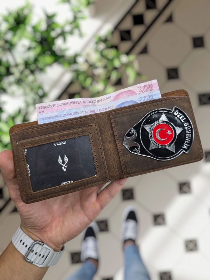 VİSSO 1236 HAKİKİ DERİ ÇANTA İSME ÖZEL Özel Güvenlik ROZETLİ KAĞIT PARA VE KİMLİK BÖLMELİ ERKEK VE KADIN CÜZDAN Kahve Matrix