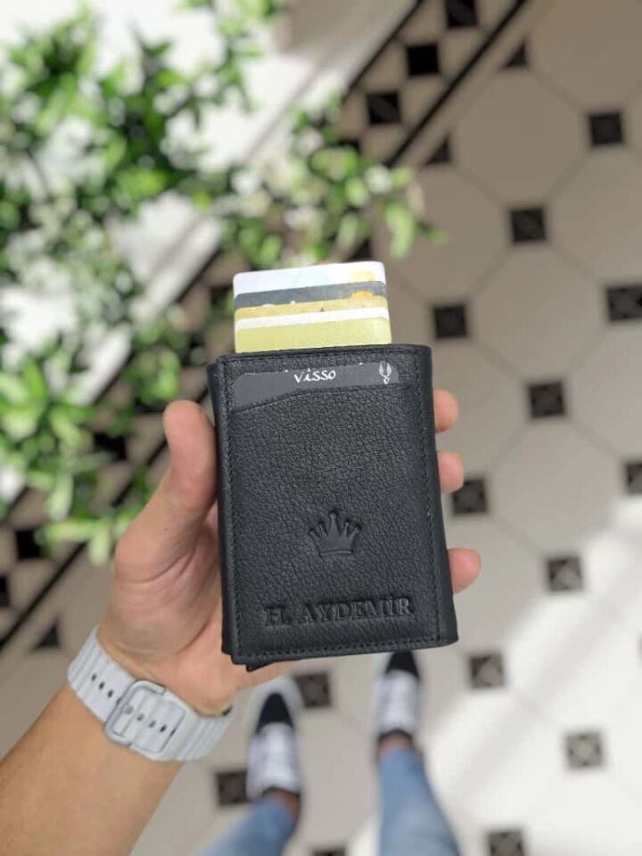 VİSSO 684 Hakiki Deri Kağıt Para Bölmeli Mekanizmalı Kartlık Cüzdan Kişiye Özel Çanta Siyah Renk TAÇ LOGO