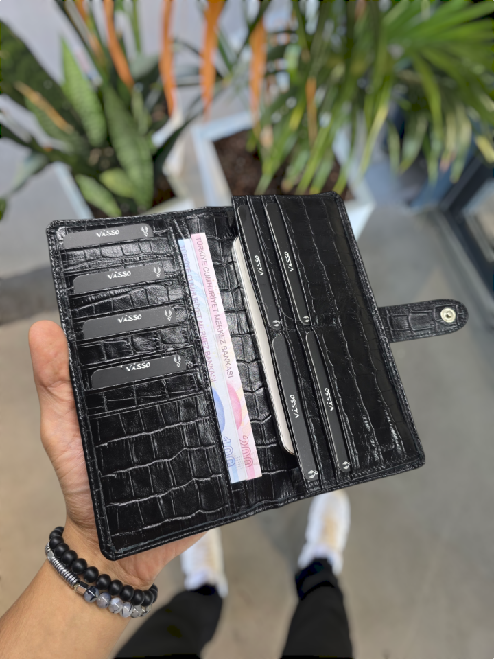 VİSSO 701 HAKİKİ ORİNAL DERİ ÇANTA Siyah Croco RENK ÇOK KARTLIK KAPASİTELİ TELEFON BÖLMELİ ÇITÇITLI KADIN VE ERKEK CÜZDAN EL ÇANTASI MODEL