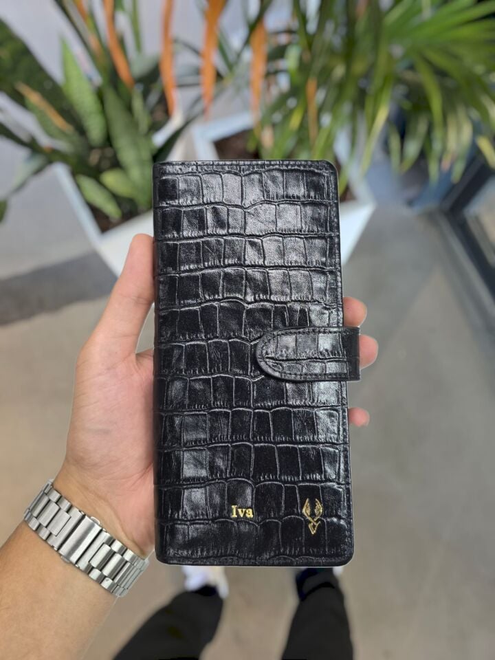VİSSO 701 HAKİKİ ORİNAL DERİ ÇANTA Siyah Croco RENK ÇOK KARTLIK KAPASİTELİ TELEFON BÖLMELİ ÇITÇITLI KADIN VE ERKEK CÜZDAN EL ÇANTASI MODEL