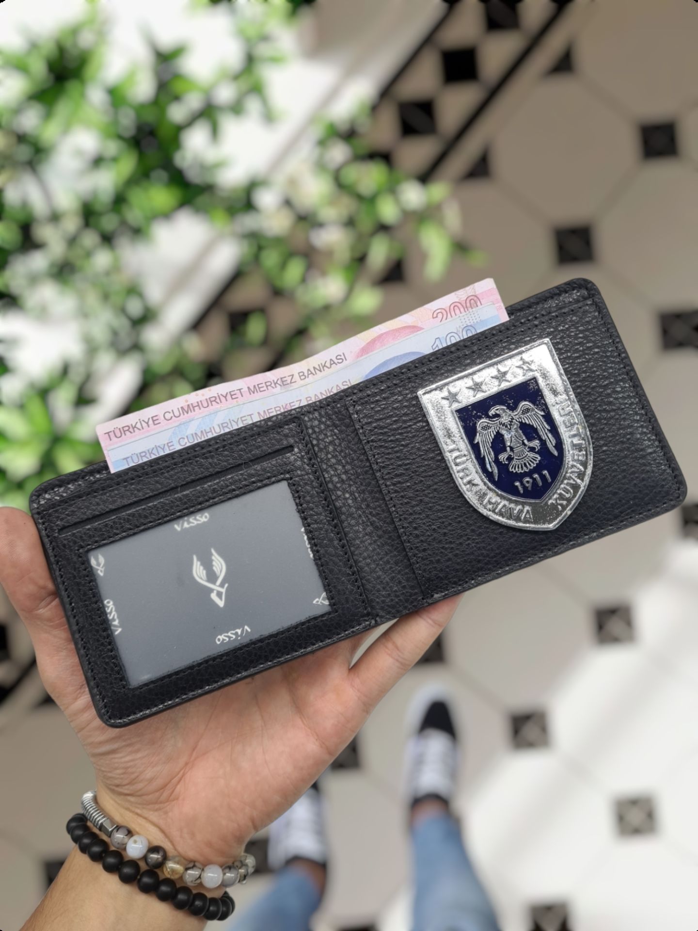 VİSSO 1236 HAKİKİ DERİ ÇANTA İSME ÖZEL Hava Kuvvetleri ROZETLİ KAĞIT PARA VE KİMLİK BÖLMELİ ERKEK VE KADIN CÜZDAN Siyah Gutty