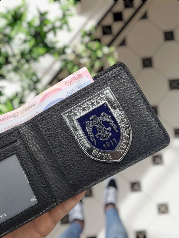 VİSSO 1236 HAKİKİ DERİ ÇANTA İSME ÖZEL Hava Kuvvetleri ROZETLİ KAĞIT PARA VE KİMLİK BÖLMELİ ERKEK VE KADIN CÜZDAN Siyah Gutty