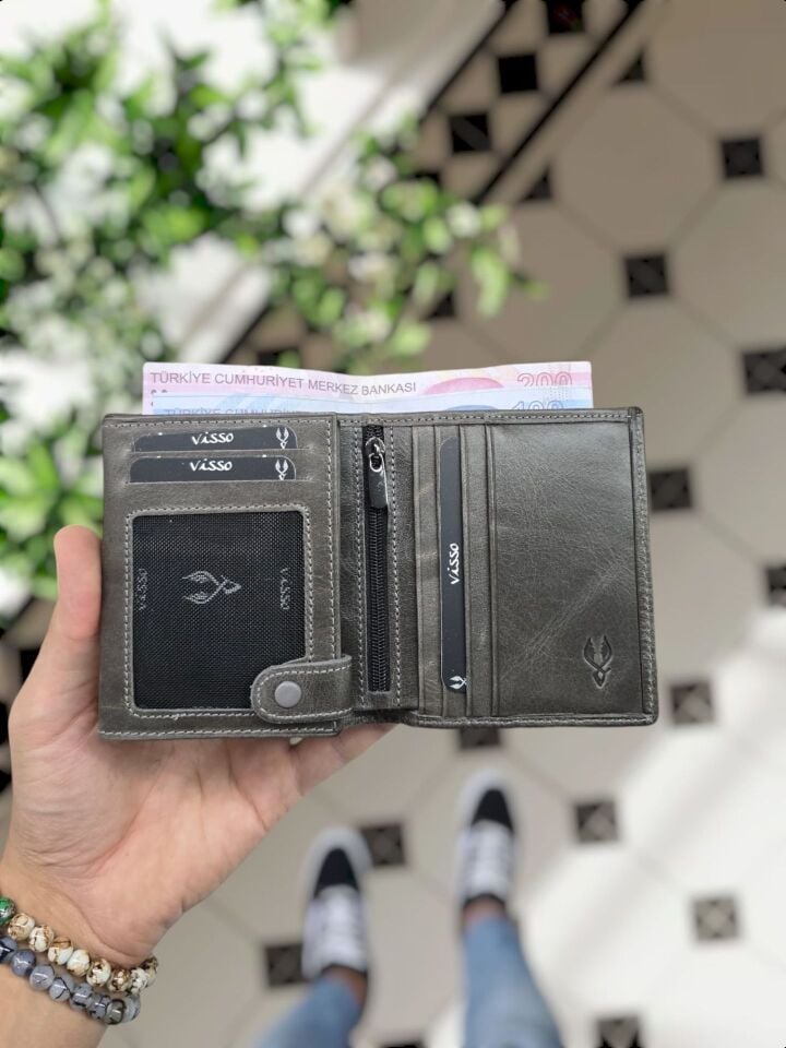 VİSSO 114 HAKİKİ DERİ ÇANTAİSME ÖZEL ÜÇ KİMLİK KART BÖLMELİ  FERMUARLI KADIN ERKEK ÇITIÇITLI CÜZDAN GRİ NATURAL CÜZDAN  AY YILDIZ LOGO TÜRK 99