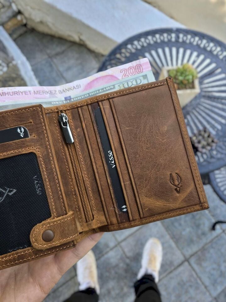 VİSSO 114 HAKİKİ DERİ ÇANTA  İSME ÖZEL ÜÇ KİMLİK KART BÖLMELİ  FERMUARLI KADIN ERKEK ÇITIÇITLI CÜZDAN FINDIK MATRİX CÜZDAN Çapa Logo