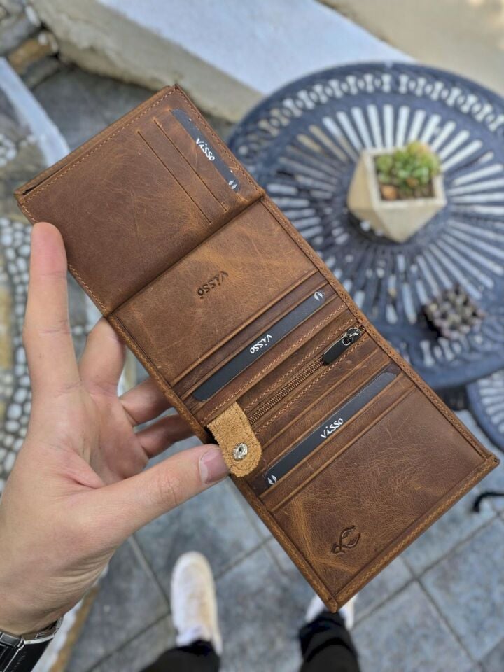 VİSSO 114 HAKİKİ DERİ ÇANTA  İSME ÖZEL ÜÇ KİMLİK KART BÖLMELİ  FERMUARLI KADIN ERKEK ÇITIÇITLI CÜZDAN FINDIK MATRİX CÜZDAN Çapa Logo