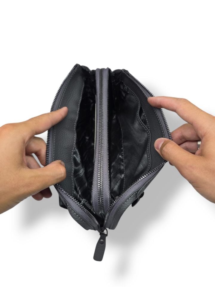 VİSSO 457 Hakiki Deri Fermuarlı  El Çantası ANTRASİT GRİ  Renk Deri Çanta Unisex Elde Taşınabilen Mıknatıs Cep Telefonu Cepli Kredi Kart Bölmeli Çanta  ANTRASİT GRİ GUTTY