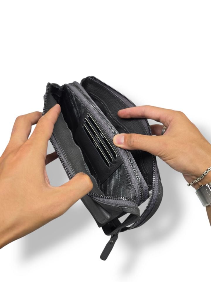 VİSSO 457 Hakiki Deri Fermuarlı  El Çantası ANTRASİT GRİ  Renk Deri Çanta Unisex Elde Taşınabilen Mıknatıs Cep Telefonu Cepli Kredi Kart Bölmeli Çanta  ANTRASİT GRİ GUTTY