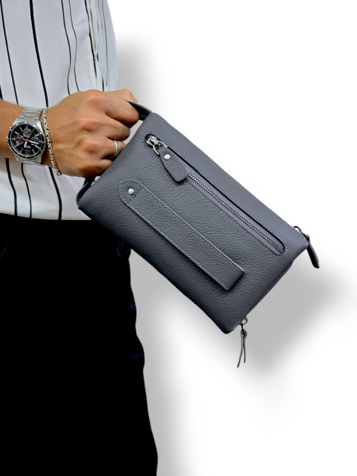 VİSSO 457 Hakiki Deri Fermuarlı  El Çantası ANTRASİT GRİ  Renk Deri Çanta Unisex Elde Taşınabilen Mıknatıs Cep Telefonu Cepli Kredi Kart Bölmeli Çanta  ANTRASİT GRİ GUTTY