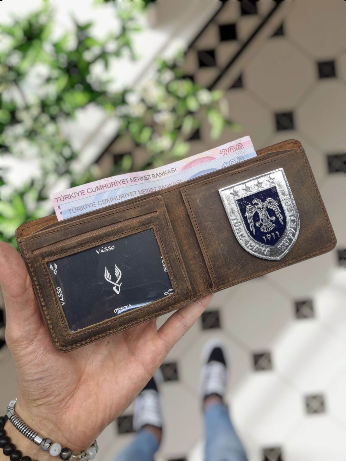 VİSSO 1236 HAKİKİ DERİ ÇANTA İSME ÖZEL Hava Kuvvetleri ROZETLİ KAĞIT PARA VE KİMLİK BÖLMELİ ERKEK VE KADIN CÜZDAN Kahve Matrix
