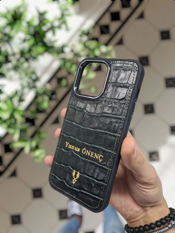 IPHONE YEŞİL Croco renk Hakiki Deri  VİSSO TELEFON KILIFI Kişiye Özel İsim Baskılı Kadın Erkek Unisex Deri Koruyucu Telefon Kılıfı Ve Anahtarlık YEŞİL Croco