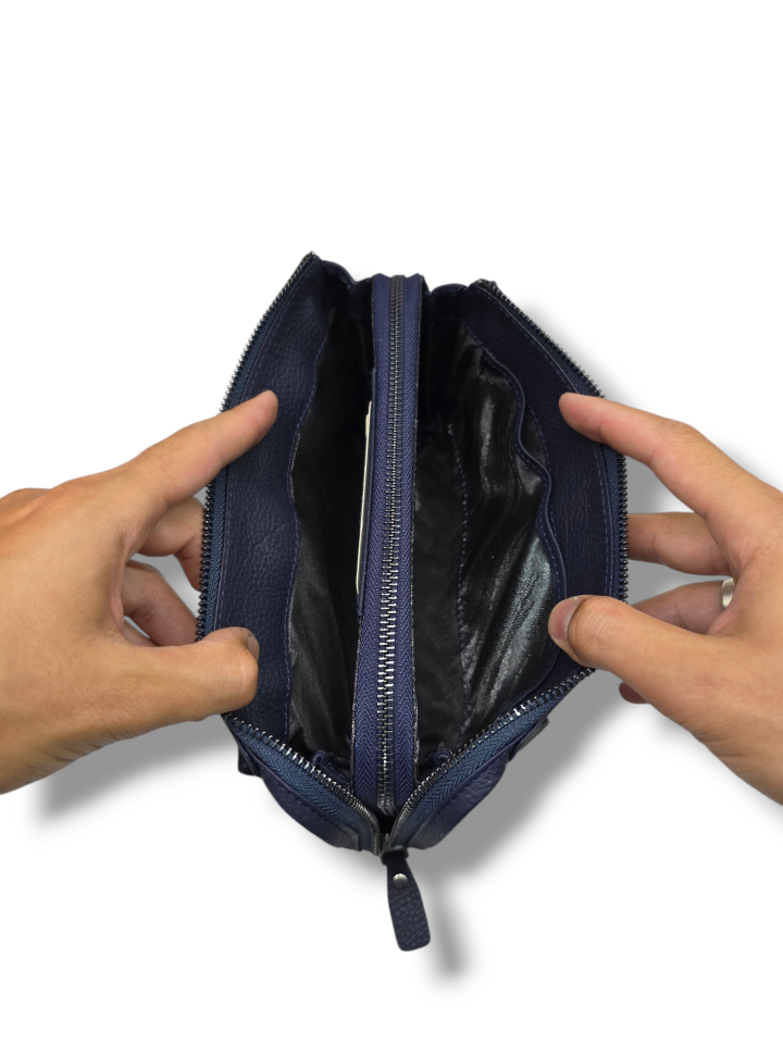 VİSSO 457 Hakiki Deri Fermuarlı  El Çantası LACİVERT Renk Deri Çanta Unisex Elde Taşınabilen Mıknatıs Cep Telefonu Cepli Kredi Kart Bölmeli Çanta  LACİVERT  GUTTY