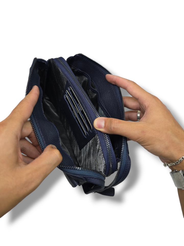 VİSSO 457 Hakiki Deri Fermuarlı  El Çantası LACİVERT Renk Deri Çanta Unisex Elde Taşınabilen Mıknatıs Cep Telefonu Cepli Kredi Kart Bölmeli Çanta  LACİVERT  GUTTY