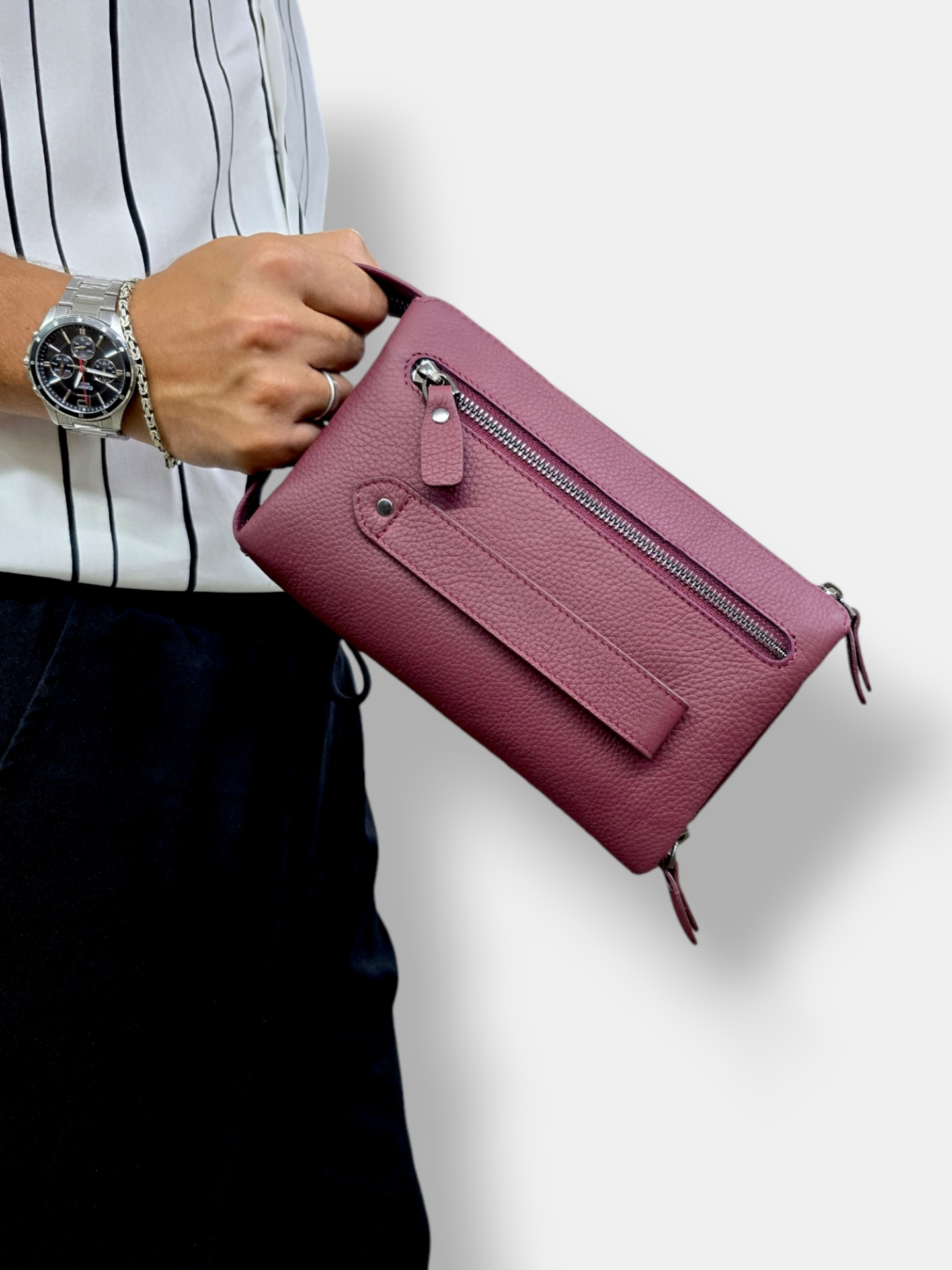 VİSSO 457 Hakiki Deri Fermuarlı  El Çantası BORDO Renk Deri Çanta Unisex Elde Taşınabilen Mıknatıs Cep Telefonu Cepli Kredi Kart Bölmeli Çanta  BORDO  GUTTY