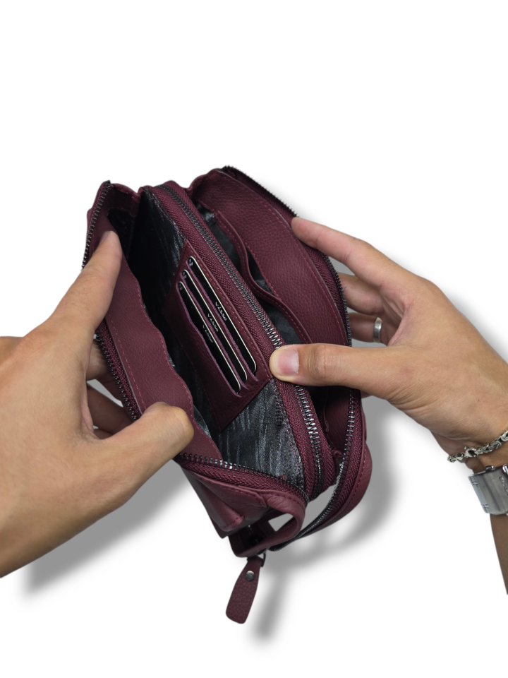 VİSSO 457 Hakiki Deri Fermuarlı  El Çantası BORDO Renk Deri Çanta Unisex Elde Taşınabilen Mıknatıs Cep Telefonu Cepli Kredi Kart Bölmeli Çanta  BORDO  GUTTY