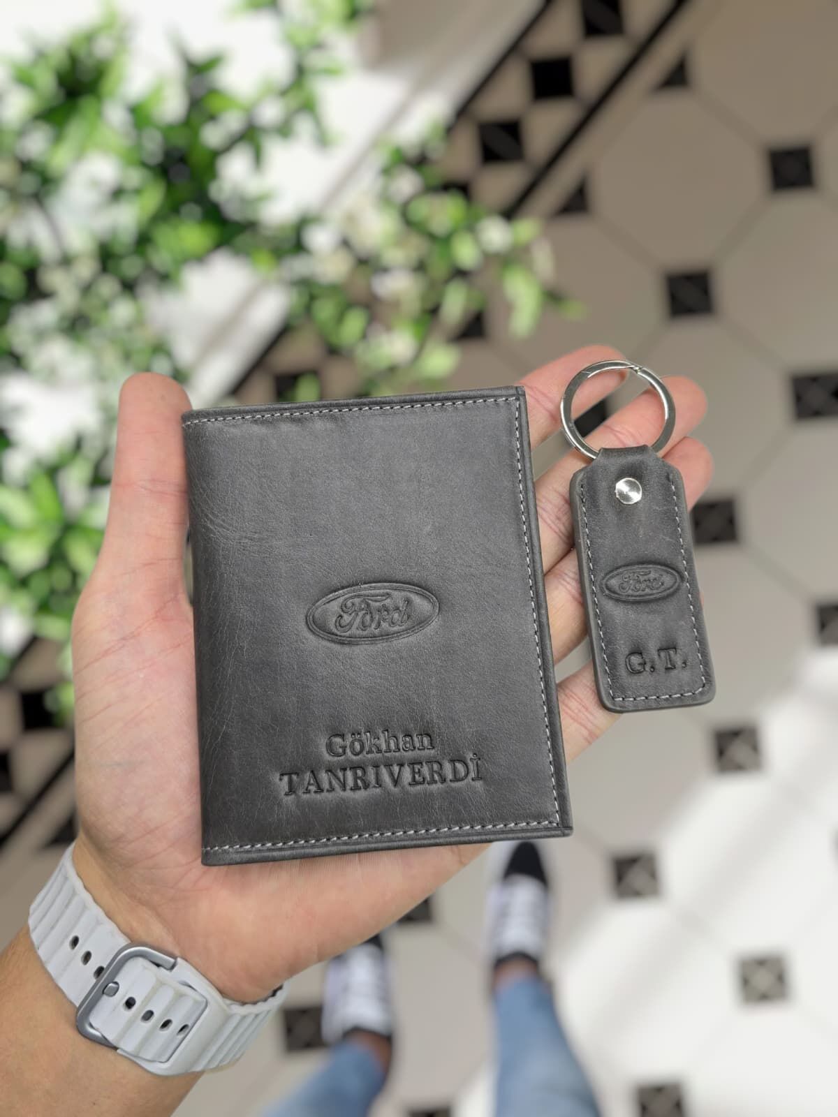 Ford VİSSO 1904 Hakiki Deri Araç Ruhsat Kılıfı İsme Özel Çanta Erkek Kadın Modeli FORD Gri Ve Anahtarlık