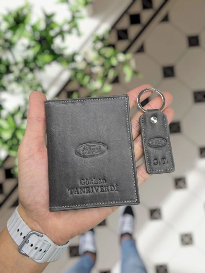 Ford VİSSO 1904 Hakiki Deri Araç Ruhsat Kılıfı İsme Özel Çanta Erkek Kadın Modeli FORD Gri Ve Anahtarlık