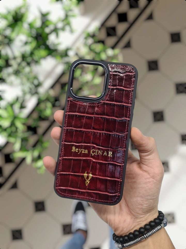IPHONE BORDO croco renk Hakiki Deri VİSSO TELEFON KILIFI Kişiye Özel İsim Baskılı Kadın Erkek Unisex Deri Koruyucu Telefon Kılıfı Ve Anahtarlık BORDO Croco