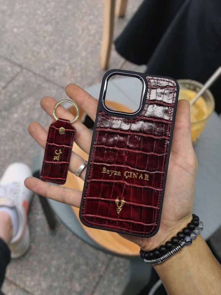 IPHONE BORDO croco renk Hakiki Deri VİSSO TELEFON KILIFI Kişiye Özel İsim Baskılı Kadın Erkek Unisex Deri Koruyucu Telefon Kılıfı Ve Anahtarlık BORDO Croco