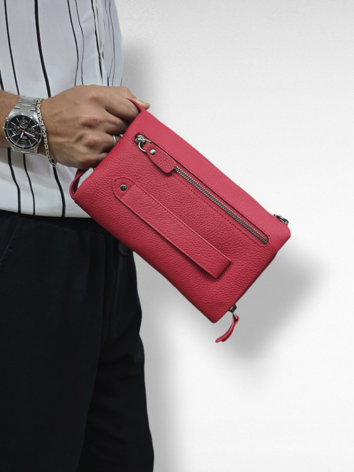 VİSSO 457 Hakiki Deri Fermuarlı  El Çantası KIRMIZI Renk Deri Çanta Unisex Elde Taşınabilen Mıknatıs Cep Telefonu Cepli Kredi Kart Bölmeli Çanta  KIRMIZI GUTTY