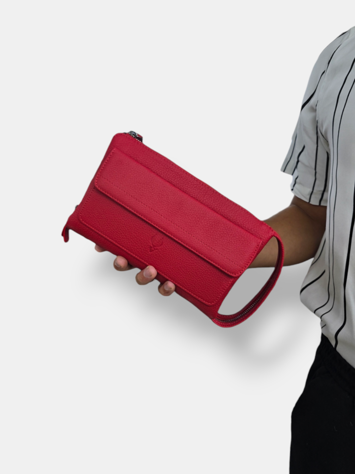 VİSSO 457 Hakiki Deri Fermuarlı  El Çantası KIRMIZI Renk Deri Çanta Unisex Elde Taşınabilen Mıknatıs Cep Telefonu Cepli Kredi Kart Bölmeli Çanta  KIRMIZI GUTTY