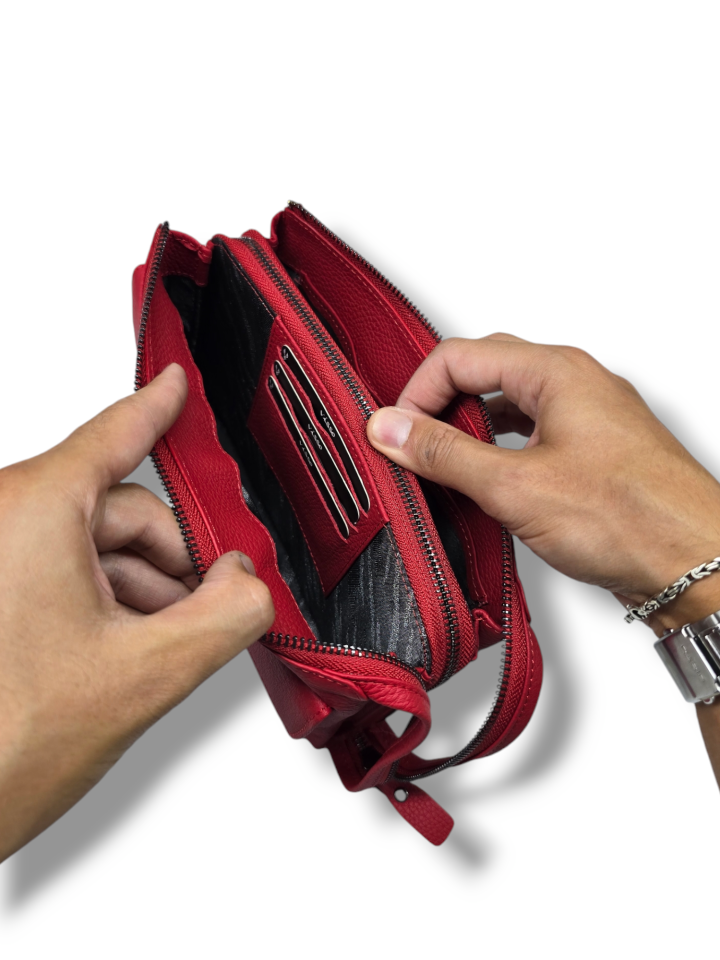 VİSSO 457 Hakiki Deri Fermuarlı  El Çantası KIRMIZI Renk Deri Çanta Unisex Elde Taşınabilen Mıknatıs Cep Telefonu Cepli Kredi Kart Bölmeli Çanta  KIRMIZI GUTTY