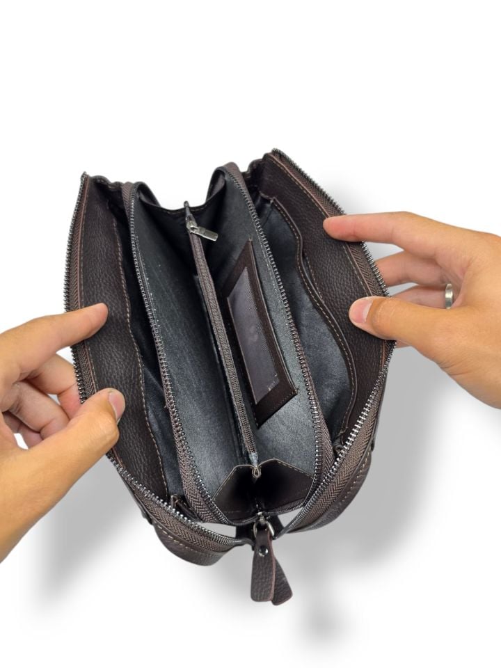 VİSSO 457 Hakiki Deri Fermuarlı  El Çantası KAHVERENGİ Renk Deri Çanta Unisex Elde Taşınabilen Mıknatıs Cep Telefonu Cepli Kredi Kart Bölmeli Çanta  KAHVERENGİ GUTTY