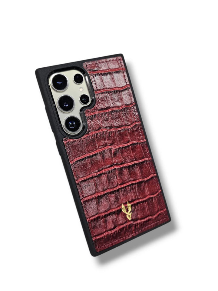 VİSSO Hakiki Bordo Croco Deri SAMSUNG GALAXY S25 ULTRA İsim Baskılı Kişiye Özel Deri Telefon Kılıfı KARGO BEDAVA Bordo Croco Renk
