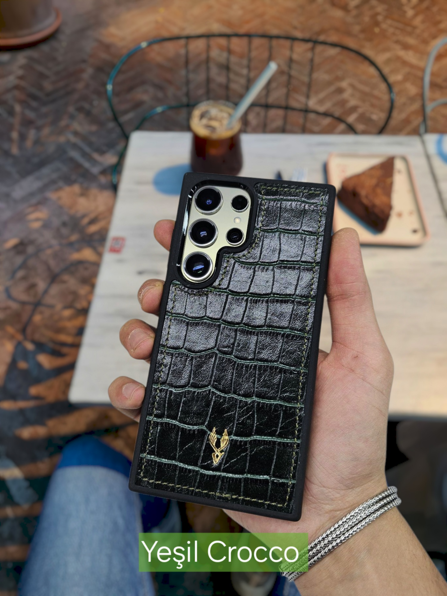 VİSSO  Yeşil Croco Hakiki Deri SAMSUNG GALAXY S25 ULTRA İsim Baskılı Kişiye Özel Deri Telefon Kılıfı KARGO BEDAVA Yeşil Croco Renk