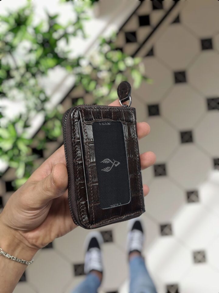 VİSSO 661 GERÇEK DERİ ÇANTA İSME ÖZEL ERKEK VE KADIN İÇİN FERMUARLI AKORDİYON-YELPAZE KREDİ KARTLIK MODEL Kahve Croco + ANAHTAR + Kılıf