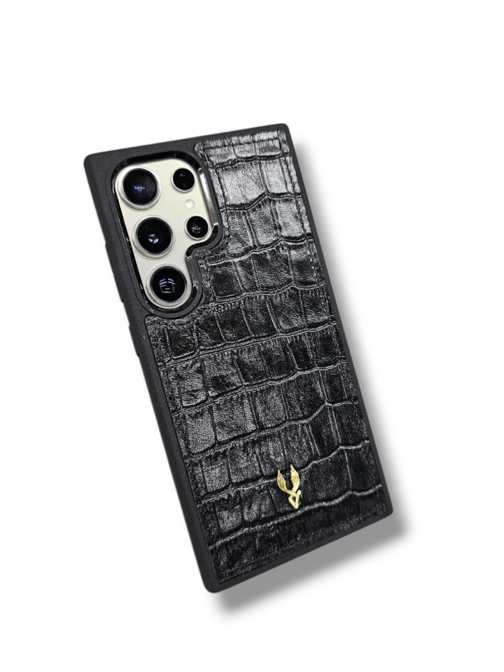 VİSSO Siyah Croco Hakiki Deri SAMSUNG GALAXY S25 ULTRA İsim Baskılı Kişiye Özel Deri Telefon Kılıfı KARGO BEDAVA   Siyah Croco