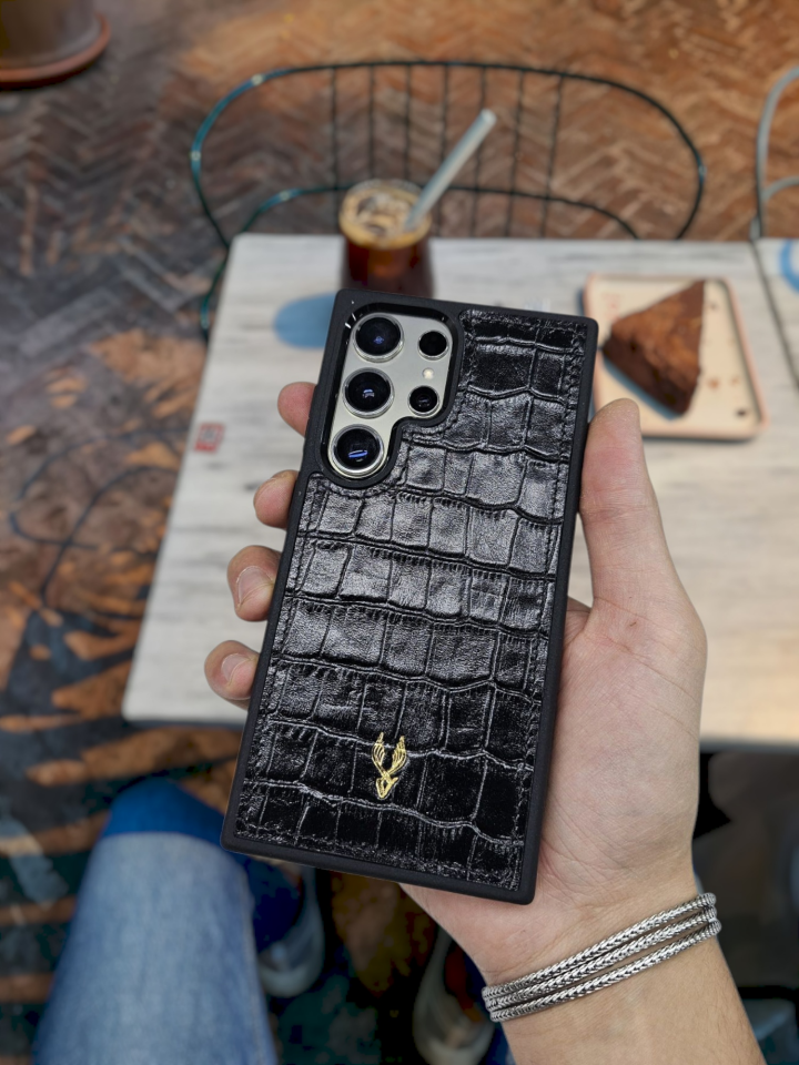 VİSSO Siyah Croco Hakiki Deri SAMSUNG GALAXY S25 ULTRA İsim Baskılı Kişiye Özel Deri Telefon Kılıfı KARGO BEDAVA   Siyah Croco